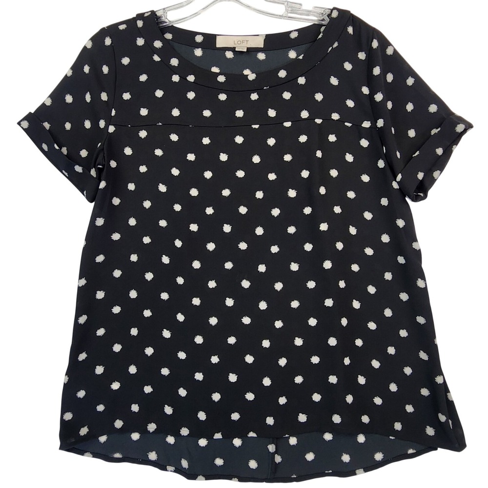 LOFT XS Black Polka Dot Blouse Short Sleeve Pleated Back Career Workwear Casual